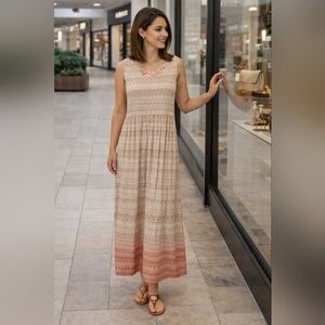 Ruby Rd. Patterned Plus Cream Tan Coral Sleeveless Stretchy Maxi Dress Size 1X